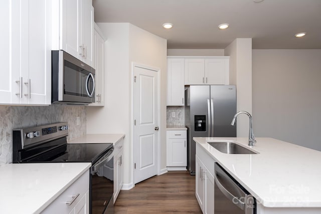 kitchen with decorative backsplash, appliances with stainless steel finishes, dark hardwood / wood-style flooring, sink, and white cabinets