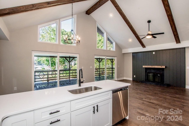 kitchen with dishwasher, sink, dark hardwood / wood-style flooring, high vaulted ceiling, and white cabinets