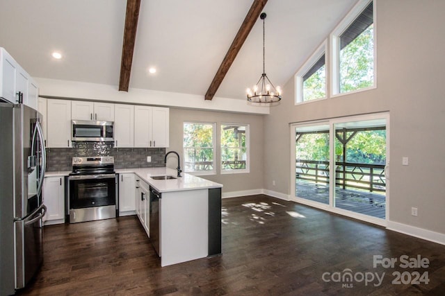 kitchen featuring kitchen peninsula, sink, appliances with stainless steel finishes, decorative light fixtures, and white cabinetry