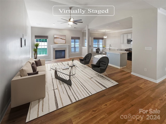 living room featuring ceiling fan, dark hardwood / wood-style flooring, a healthy amount of sunlight, and ornamental molding