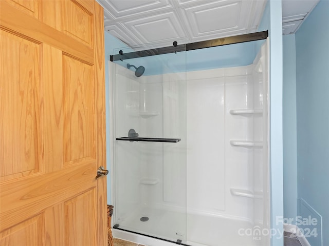 bathroom featuring a shower with shower door