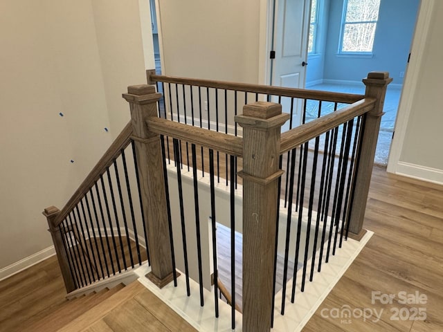 stairway with hardwood / wood-style floors