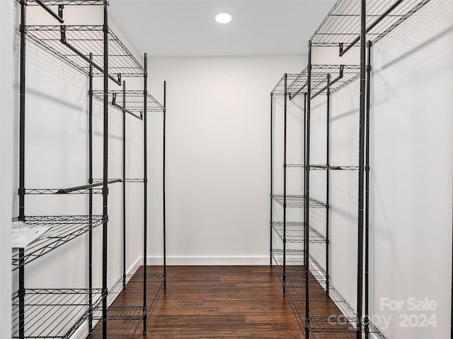 walk in closet with dark hardwood / wood-style flooring