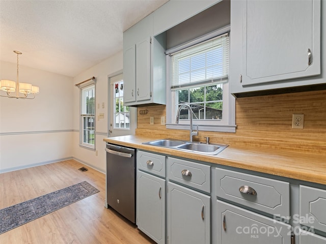 kitchen with dishwasher, backsplash, sink, hanging light fixtures, and light wood-type flooring