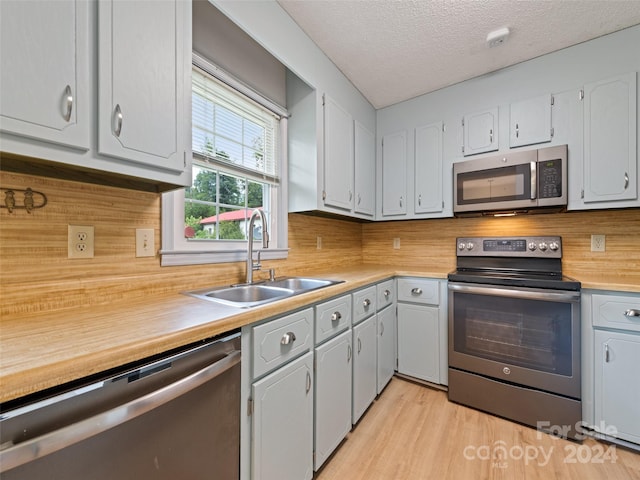 kitchen featuring backsplash, a textured ceiling, stainless steel appliances, sink, and light hardwood / wood-style flooring