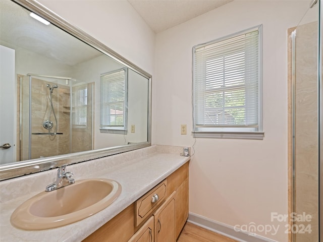 bathroom with vanity, hardwood / wood-style flooring, and a shower with door