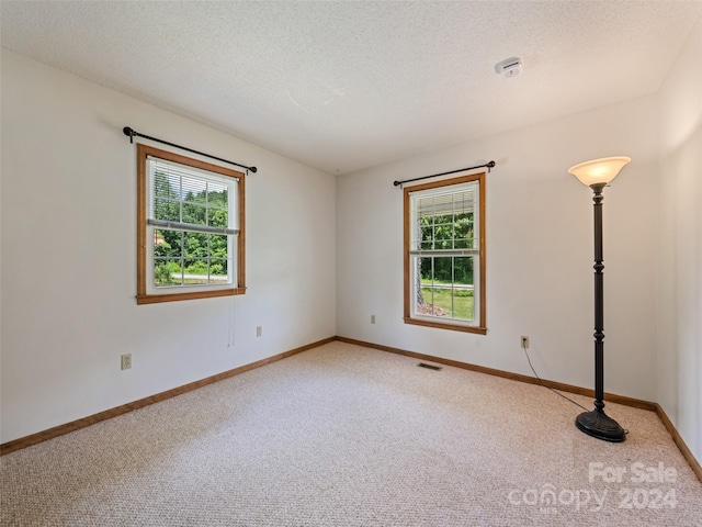 carpeted spare room with a textured ceiling