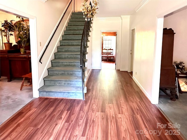 stairs featuring hardwood / wood-style floors and ornamental molding