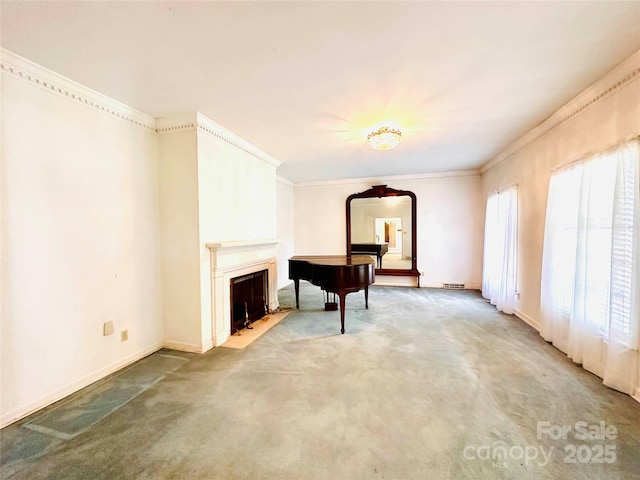 carpeted living room with crown molding