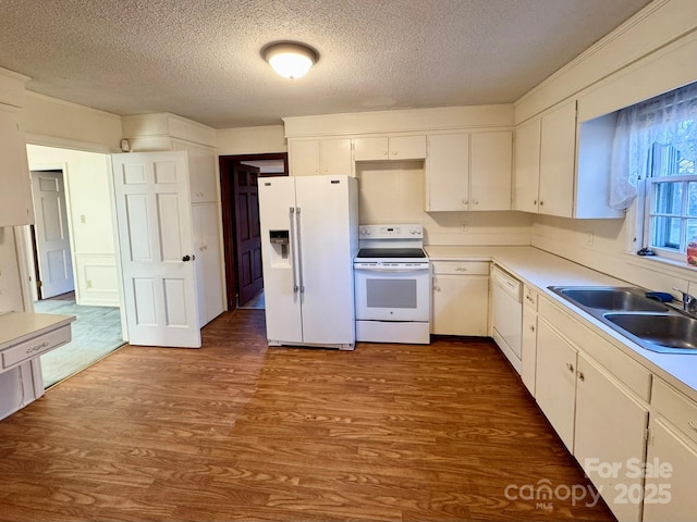 kitchen with white cabinetry, sink, dark wood-type flooring, and white appliances