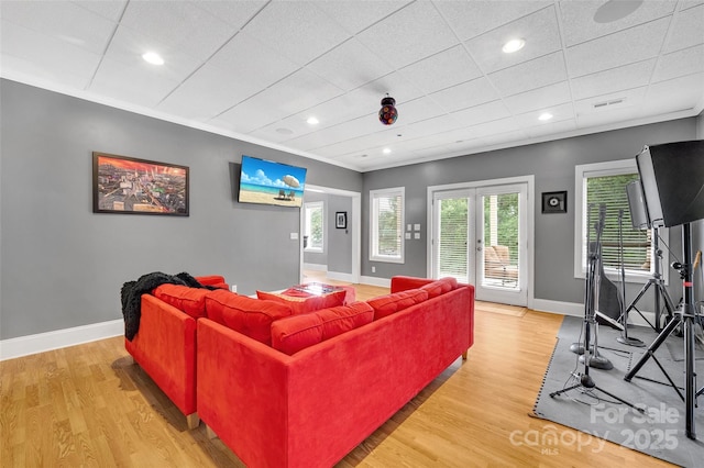 living room featuring french doors and light wood-type flooring