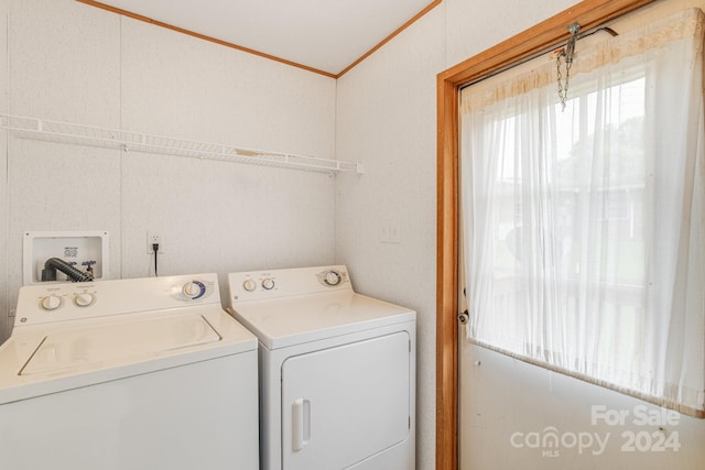 clothes washing area with washer and clothes dryer and crown molding