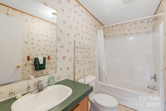 full bathroom with toilet, vanity, ornamental molding, and shower / tub combo with curtain