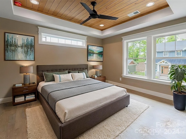 bedroom featuring a raised ceiling, ceiling fan, wood-type flooring, and wooden ceiling