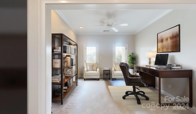 office with ceiling fan and ornamental molding