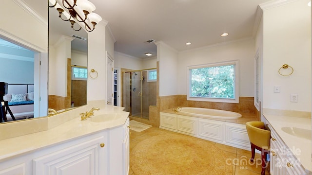 bathroom with plus walk in shower, tile patterned flooring, and vanity