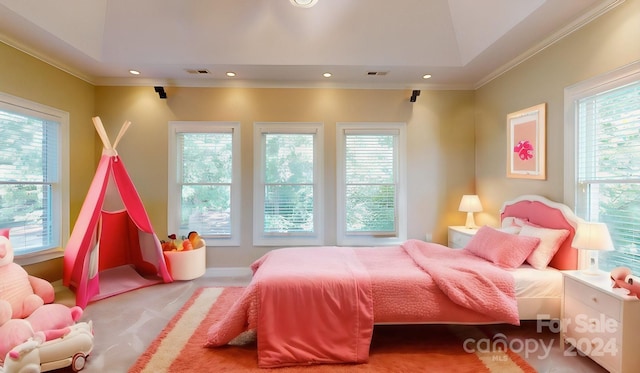 bedroom featuring crown molding and lofted ceiling