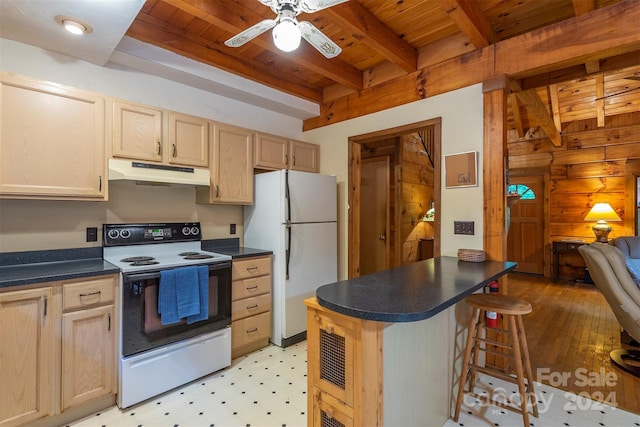 kitchen featuring beam ceiling, white appliances, wood ceiling, light brown cabinets, and a breakfast bar area