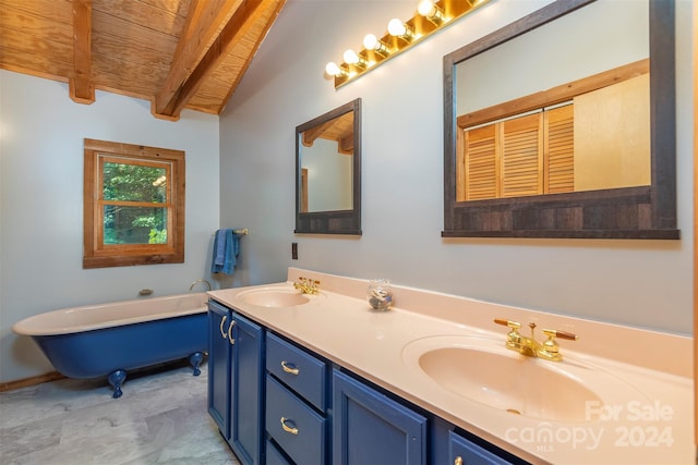 bathroom featuring brick ceiling, wood ceiling, a tub to relax in, vanity, and lofted ceiling with beams