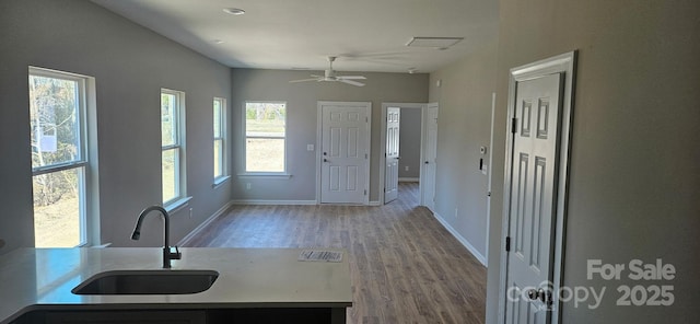kitchen with a ceiling fan, wood finished floors, baseboards, and a sink