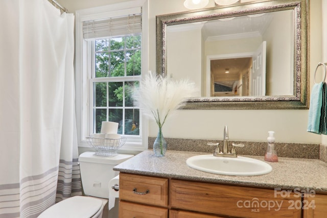 bathroom with vanity, toilet, and crown molding