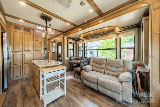 living room with beam ceiling, sink, ornamental molding, and dark wood-type flooring