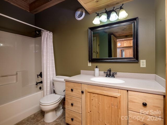 full bathroom featuring tile patterned flooring, vanity, toilet, shower / bath combo with shower curtain, and wooden ceiling