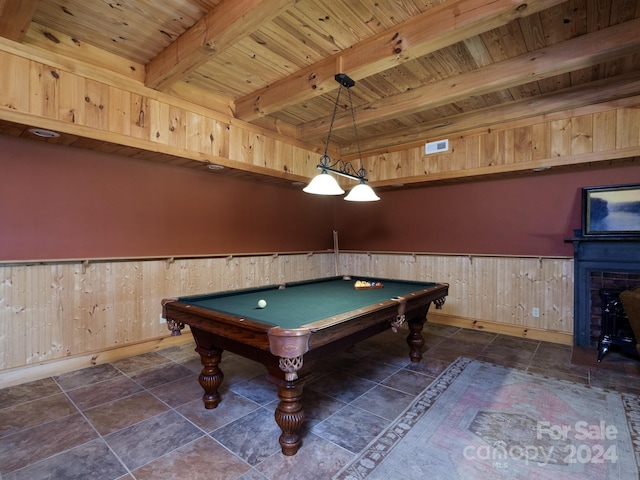 playroom featuring billiards, wood ceiling, beamed ceiling, and wooden walls