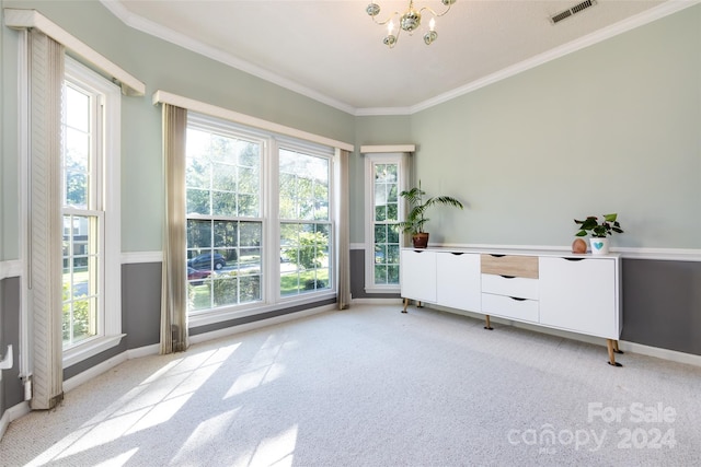 doorway to outside featuring a wealth of natural light, light carpet, and a notable chandelier