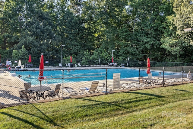 view of pool featuring a lawn