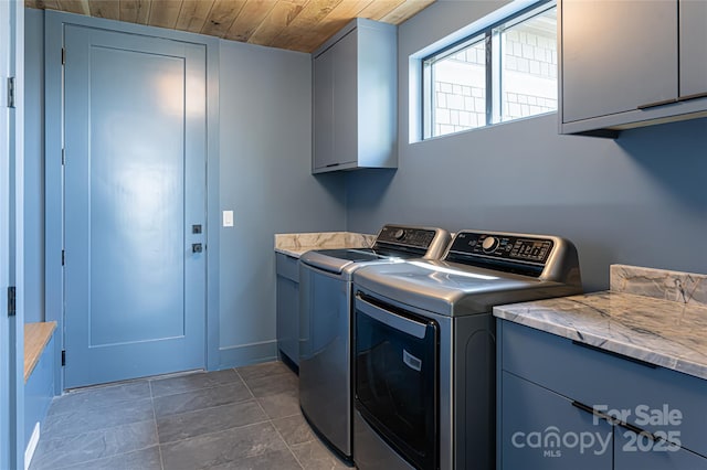 laundry area featuring wooden ceiling, cabinet space, and washing machine and clothes dryer