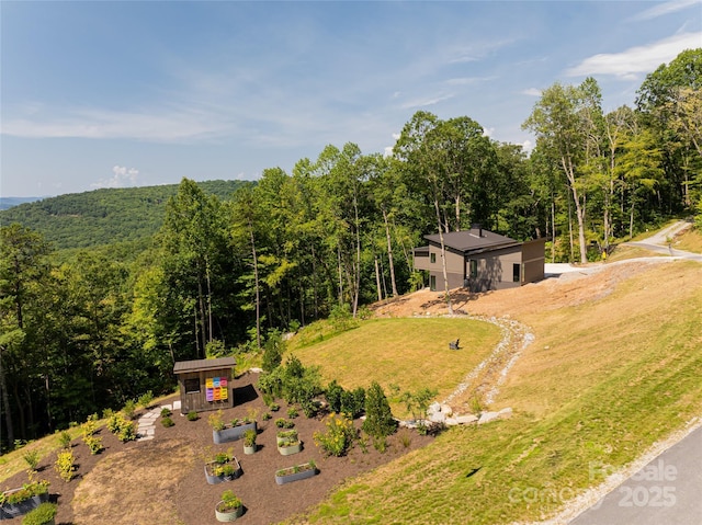 aerial view with a wooded view