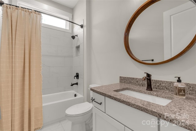 full bathroom with vanity, toilet, and shower / bathtub combination with curtain