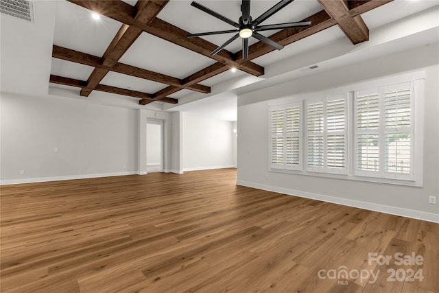 unfurnished living room featuring ceiling fan, coffered ceiling, beamed ceiling, and hardwood / wood-style floors