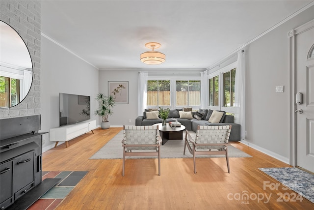 living room with ornamental molding, light hardwood / wood-style floors, and plenty of natural light