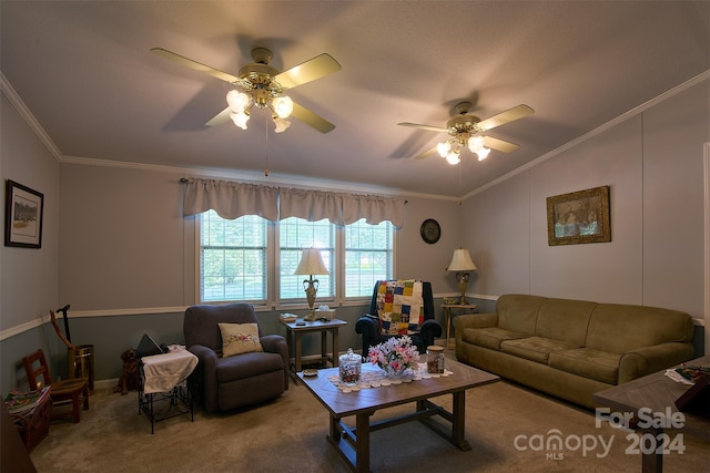 living room with carpet floors, ceiling fan, and crown molding