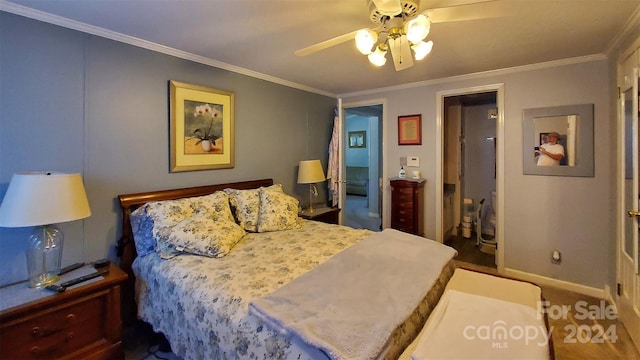 bedroom featuring connected bathroom, ceiling fan, and ornamental molding