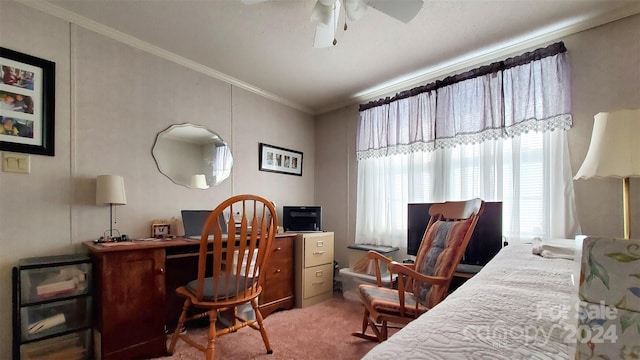 bedroom with carpet, ceiling fan, and crown molding