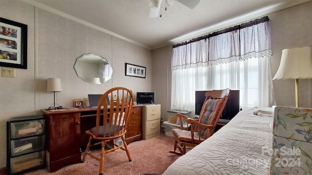 bedroom featuring carpet flooring, ceiling fan, and crown molding