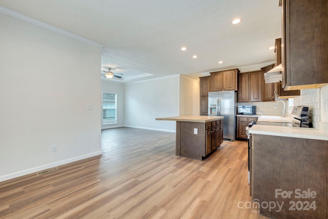 kitchen with stainless steel fridge with ice dispenser, extractor fan, light wood-type flooring, crown molding, and a center island