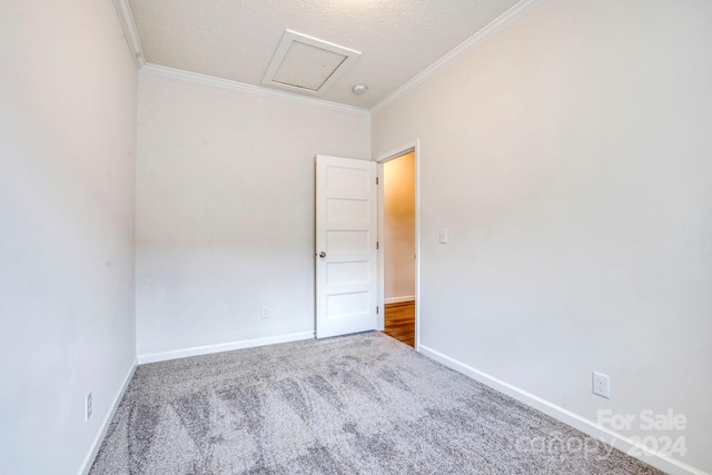 carpeted empty room featuring crown molding and a textured ceiling