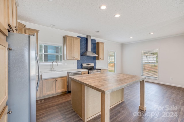 kitchen featuring appliances with stainless steel finishes, wall chimney exhaust hood, a textured ceiling, crown molding, and sink