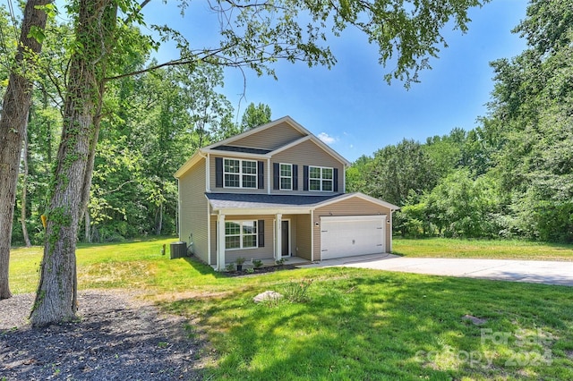 view of front of property with central AC, a porch, and a front lawn