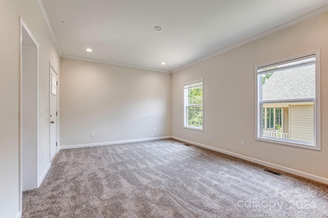 unfurnished room featuring crown molding and light colored carpet