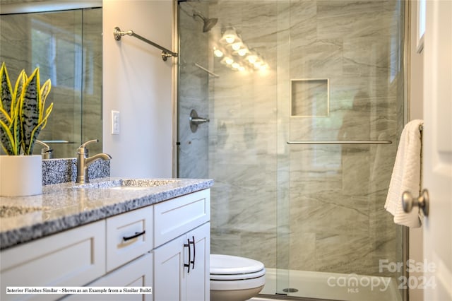 bathroom featuring vanity, toilet, and a shower with door