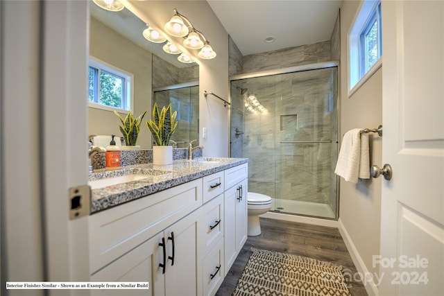 bathroom featuring hardwood / wood-style floors, vanity, toilet, and an enclosed shower