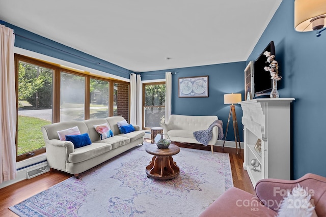 living room featuring dark hardwood / wood-style floors and a fireplace