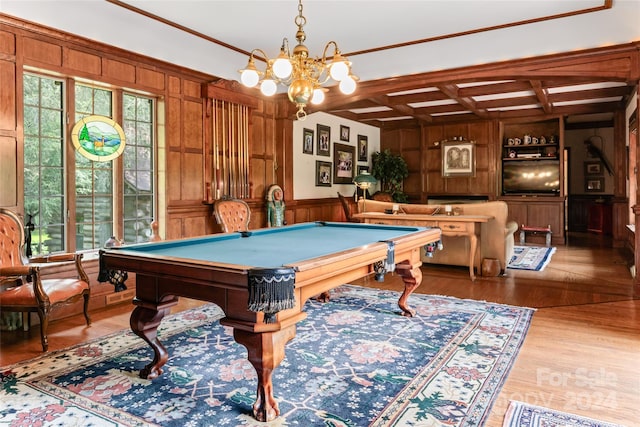 recreation room featuring wood-type flooring, coffered ceiling, wooden walls, and billiards