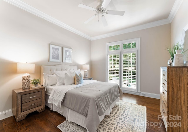 bedroom with ceiling fan, dark hardwood / wood-style flooring, and ornamental molding