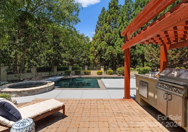 view of swimming pool featuring an in ground hot tub, a pergola, area for grilling, grilling area, and a patio area